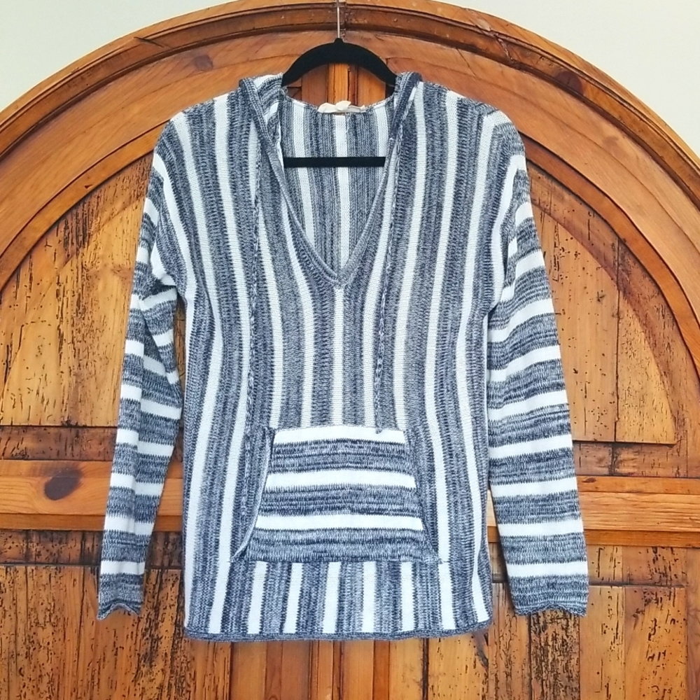 Love Stitch Blue White Stripe Knit Beach Boho Lounge Hoodie Long Sleeve